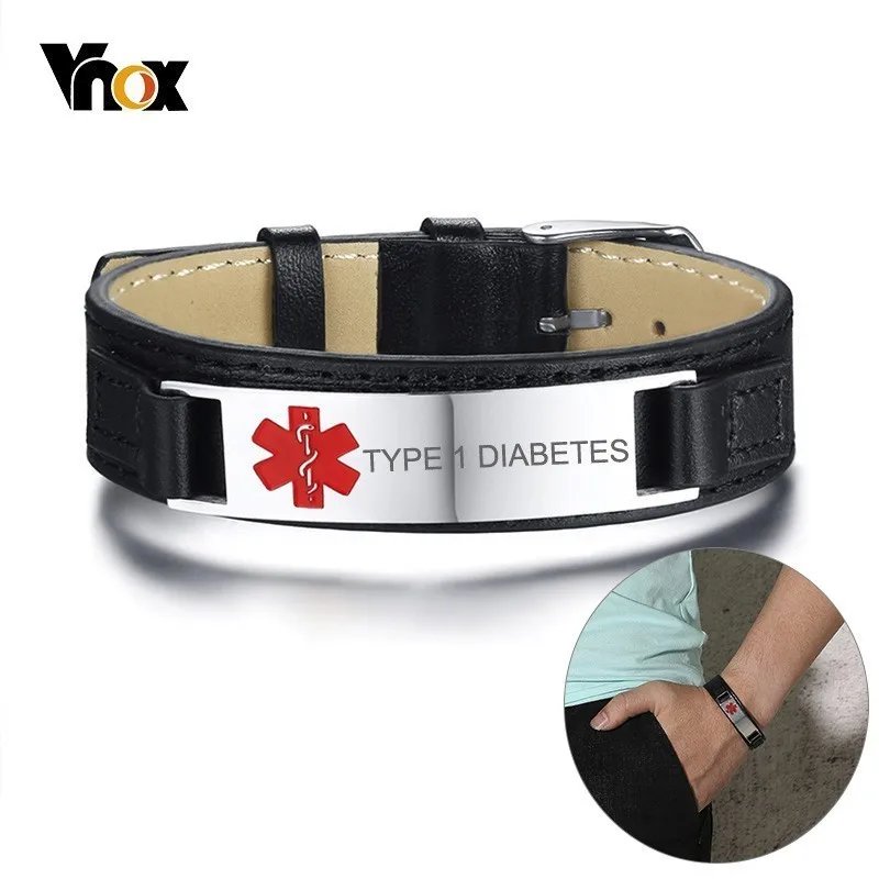 Vnox Type 1 Diabetes Medical Alert ID Bracelets for Men Genuine Leather