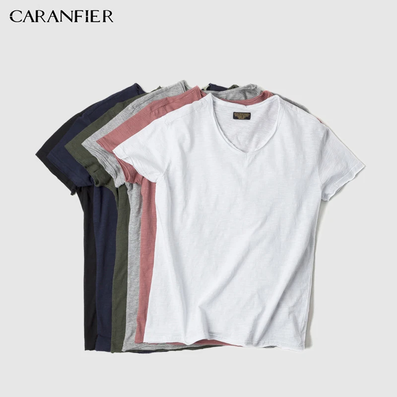 

CARANFIER Mens T-Shirt Shirts Design Short Sleeve Casual Male Washed Sand Solid Color Versatile Bamboo Cotton V-neck T Shirt