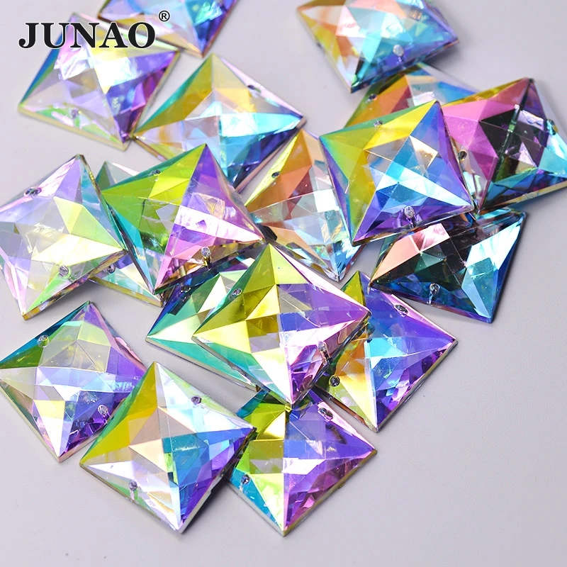 

JUNAO 25mm Big Size Sewing Crystal AB Square Rhinestones Large Acrylic Crystals Appliques Sew On Flatback Stones For Clothes