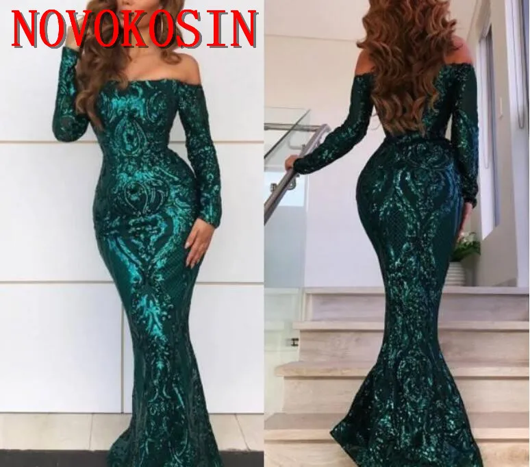 

2019 Shiny Embroidered Sequins New Arabic Style Green Mermaid Formal Evening Dresses Off Shoulders Elegant Long Prom Gown
