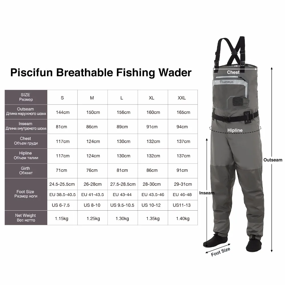 3 camada de Poliéster Impermeável e Respirável Calças de Meia Limícolas Pesca Piscifun pé Fly Pesca Limícolas Peito 3 Piscifun pesca waders 3-layer poliéster respirável à