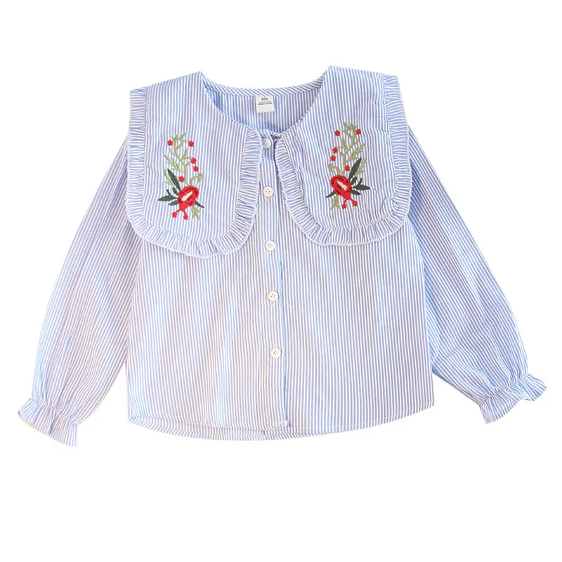 

Children's wear girls shirt Lapel striped top Small fresh flower embroidery Cotton long-sleeved shirt doll shirt
