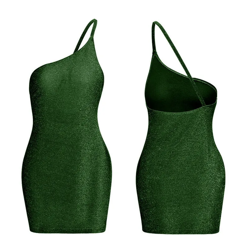 

Women Sexy One Shoulder Sleeveless Bodycon Ladies Fashion Evening Party Glitter Dresses Female Solid Color Twinkle Mini Dresses