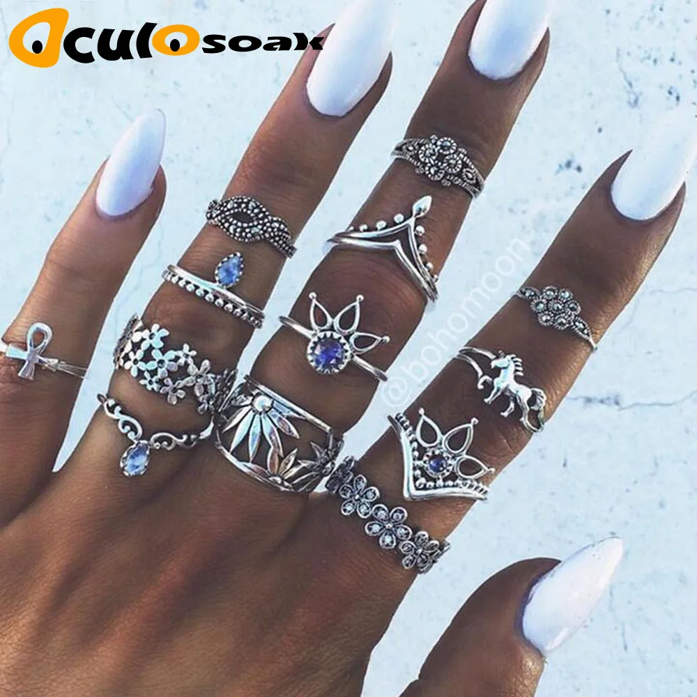 

Bohemian Punk Crystal Stone Rings 13Pcs/set For Women Antique Silver Horse Flower Inifinite Ring Set Anillos Mujer