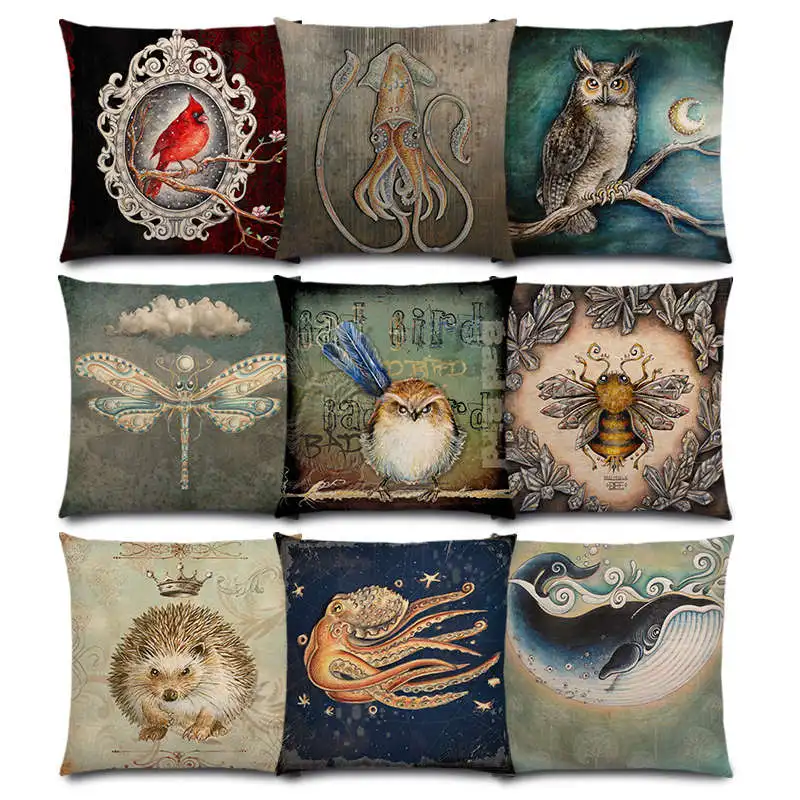 Classic Retro Magical Animals Cool Bird Whale Hedgehog Moonlight  Cushion Cover 