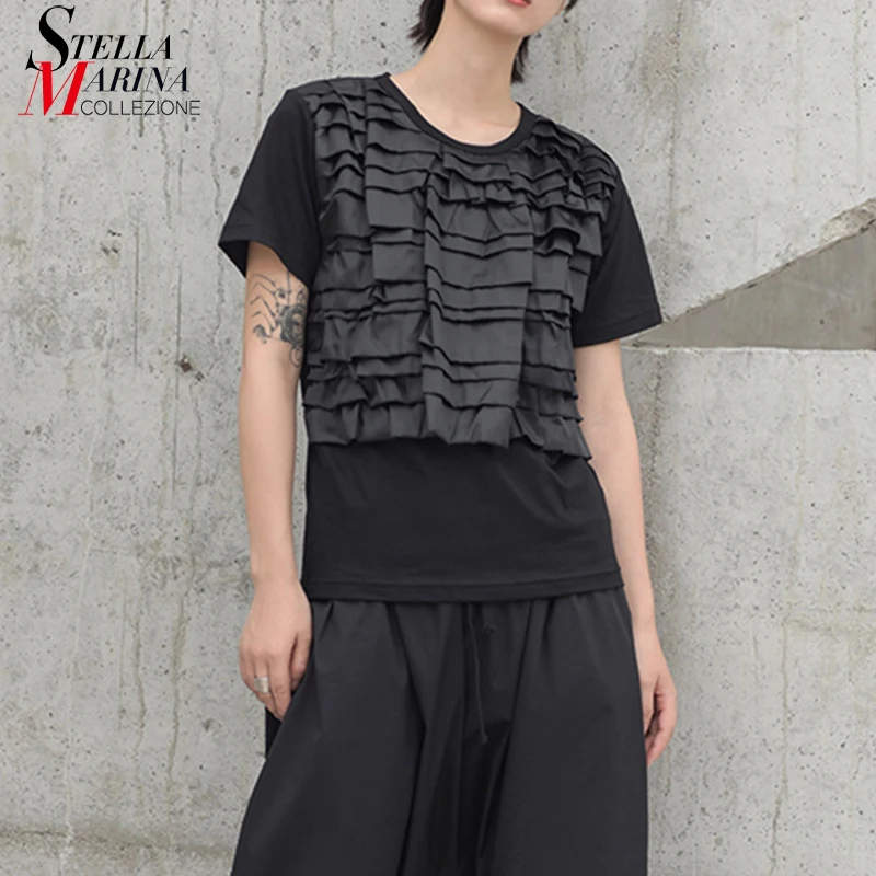 

New 2019 Korean Style Women Summer Wear Black Top Casual Tee Shirt Layered Ruffles Ladies Stylish Unique Tshirt Style Femme J631
