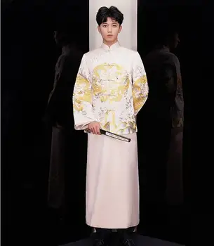

Beige Groom Vintage Loose Cheongsam Traditional Chinese Wedding Gown Satin Qipao Embroidery Dragon Costume Vestido Oriental Mens