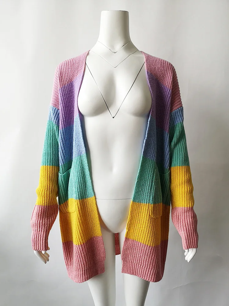 Danjeaner размера плюс длинные кардиганы в радужную полоску Зимняя одежда для женщин модные вязаные свитера уличная одежда топы Pull Femme