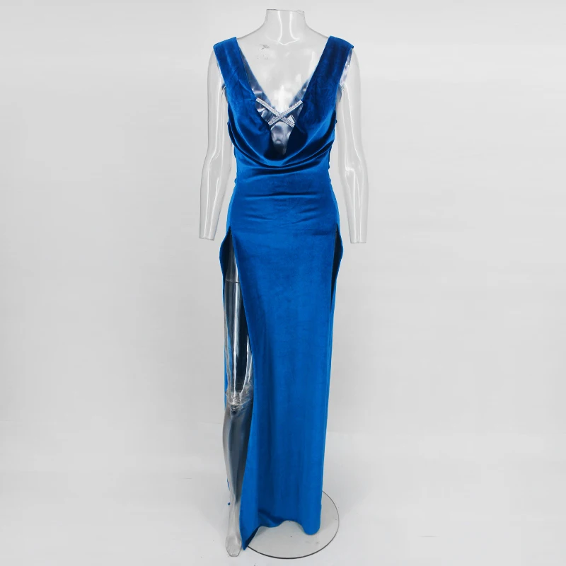 Tobinoone, макси платье, женские вечерние сексуальные платья с высоким разрезом, летние длинные новые модные асимметричные платья с бриллиантами, Vestidos Verano - Цвет: Синий