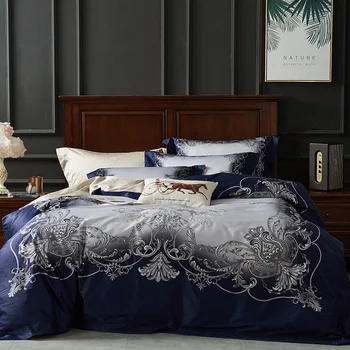 

100S egyptian cotton sateen duvet cover set 4pcs royal blue with silver embroidery quilt covers pillowcases fitted sheet queen