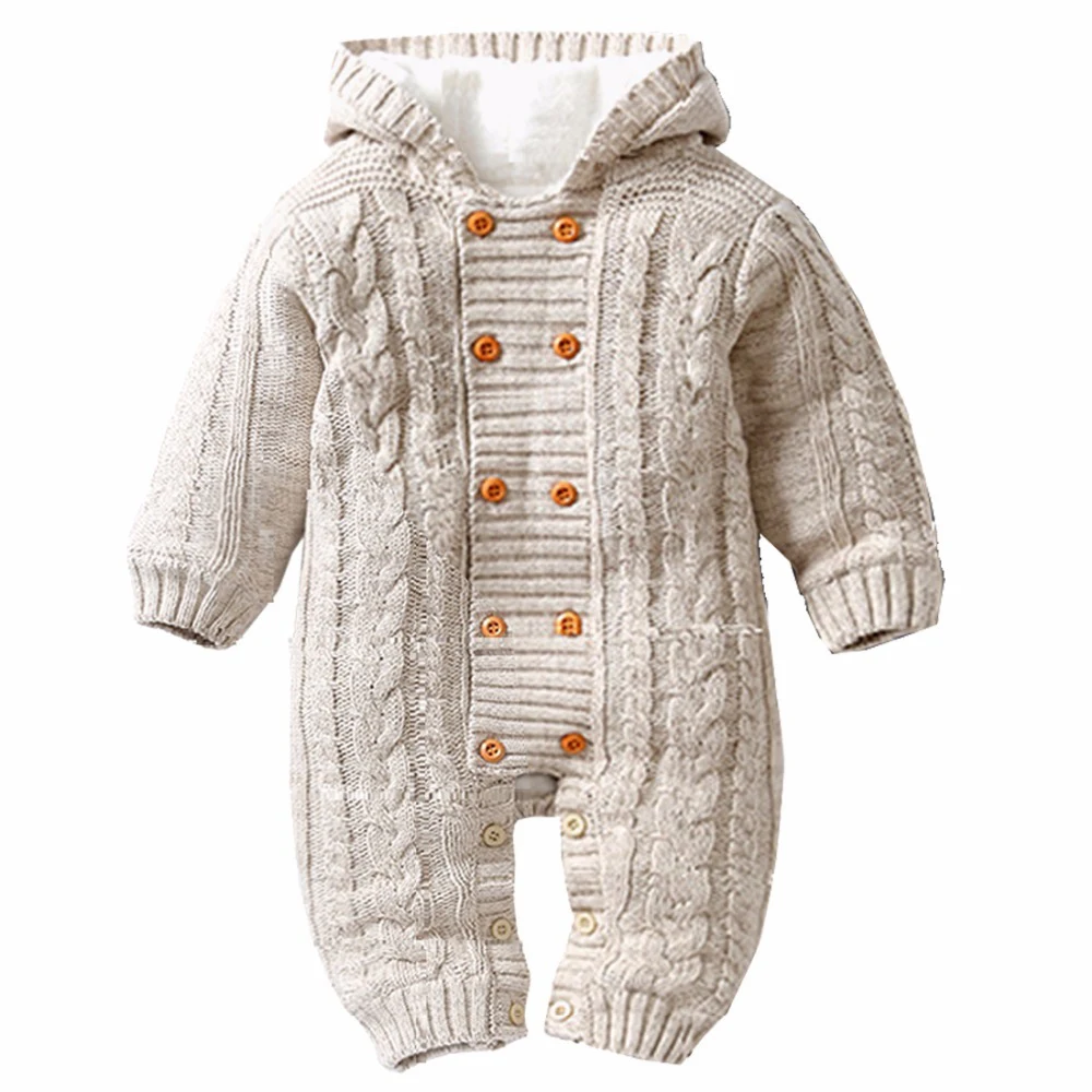 

Boy Girl Knitted Sweater Jumpsuit Hooded Thick Warm Infant Baby Rompers Winter Clothes Newborn Baby Kid Toddler Outerwear Girls