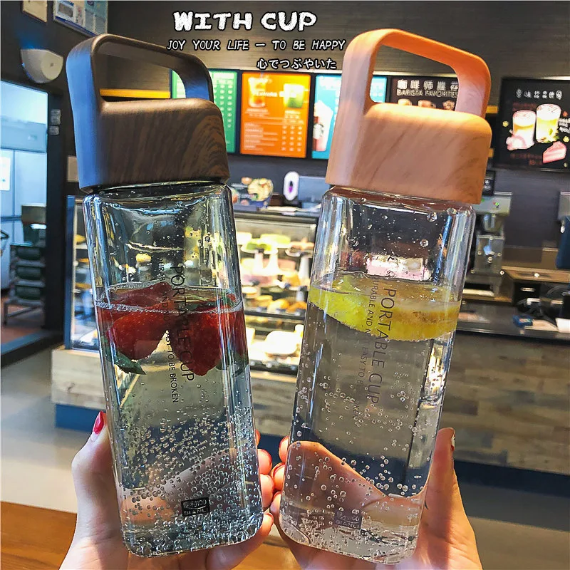 

600ml Portable Square Wood Grain Plastic Water Bottles Couple Student Travel Tydro Flask Coffee Tea Milk Lemon Juice Drinkware