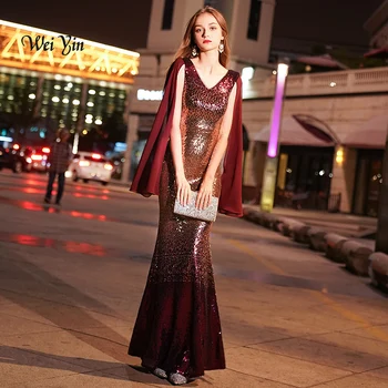 

weiyin Wine Red Evening Dresses Long 2020 Sexy V-neck Sleeveless Sparkle Mermaid Sequin Evening Dresses Gowns WY938