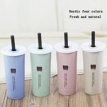 

450ml Reusable Straw Cup With Double Cover Water Bottle Wheat Straw Sippy Cup Juice Drinking Straw Tea Beverage Cup Nordic Style