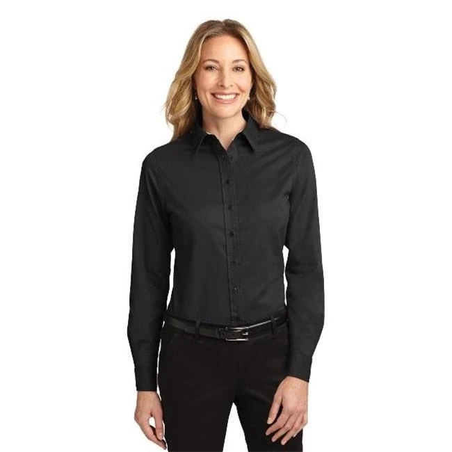 Port Authority L608 Ladies Long Sleeve Easy Care Shirt Black & Light Stone - Extra Large
