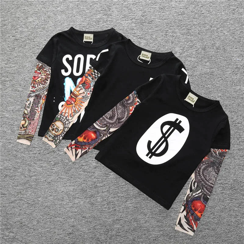 Novelty Tattoo Kids Boys T-Shirts Cotton Long Sleeve Children T Shirt Spring Autumn Baby Girls Tee Shirts Children Clothes