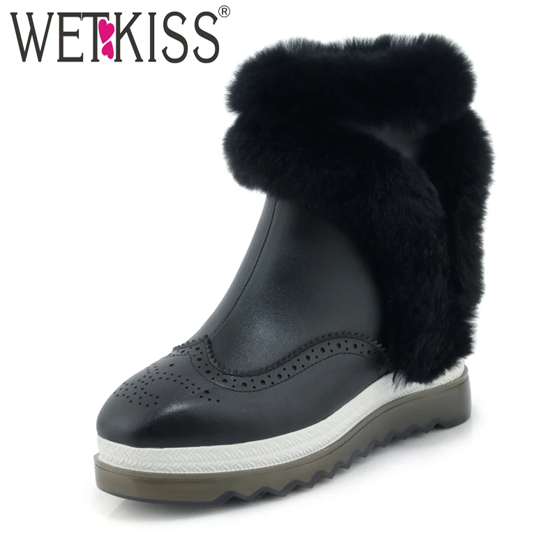 

WETKISS Oxford Style Ankle Boots Fur Winter Boots Waterproof Female Shoes Woman Zip Rubber Sole Genuine Leather Wedges Footwear