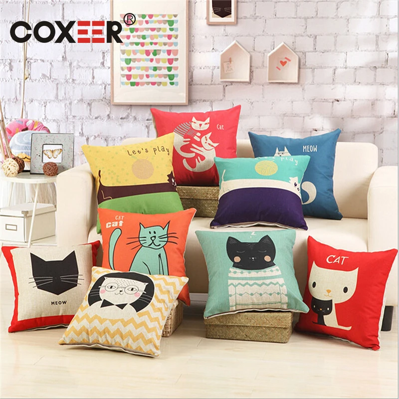 

coxeer Lovely Cartoon Cushion Cover Naughty Cat Pattern Linen Pillow Cover 45x45cm For Kids Room Sofa Decor Capa De Almofada