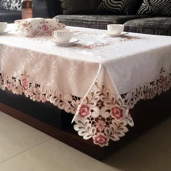 

New Elegant Polyester Satin Embroidery Floral Tablecloths Handmade Hollow-out Embroidered Flower Table Cloth Cover Overlays