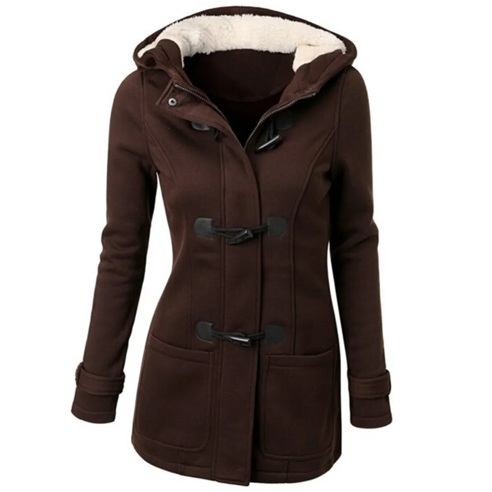 Модная куртка, Женский Тренч, пальто, женское повседневное длинное пальто на молнии с капюшоном, Роговая пуговица, верхняя одежда, осень, толстая подкладка, куртка, пальто