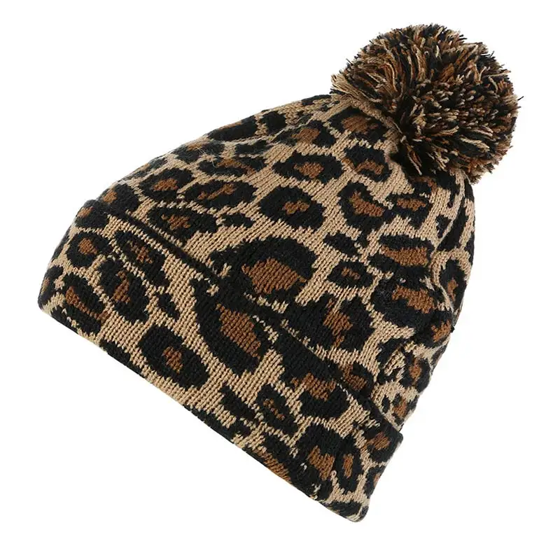 Wanita Rajutan Pom Topi Leopard Benang 