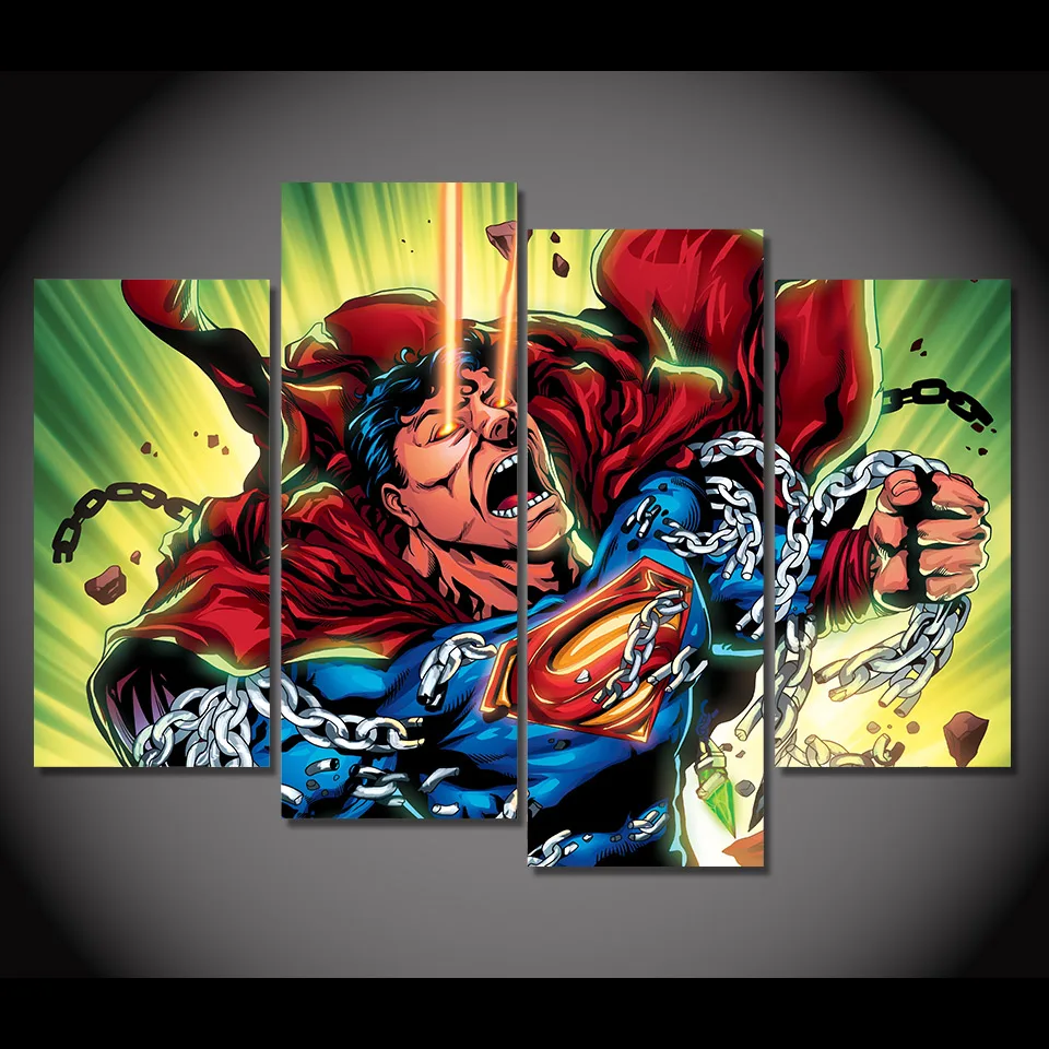 4 Pcs/Set Framed HD Printed Superman Break Chain Picture Wall Art