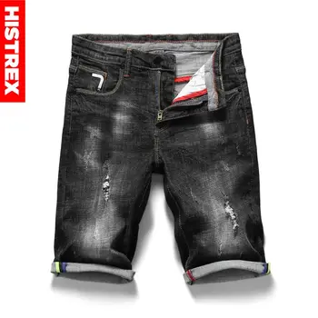 

HISTREX Summer Men Jeans Shorts Zipper Fly Regular Stretch Cotton Pants Men's Denim Short Ripped Skinny Solid Black Jean #HJD5P