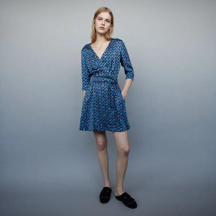 

Women Dress 2019 Spring and Summer Slim with Floral V-neck Wrap Dress