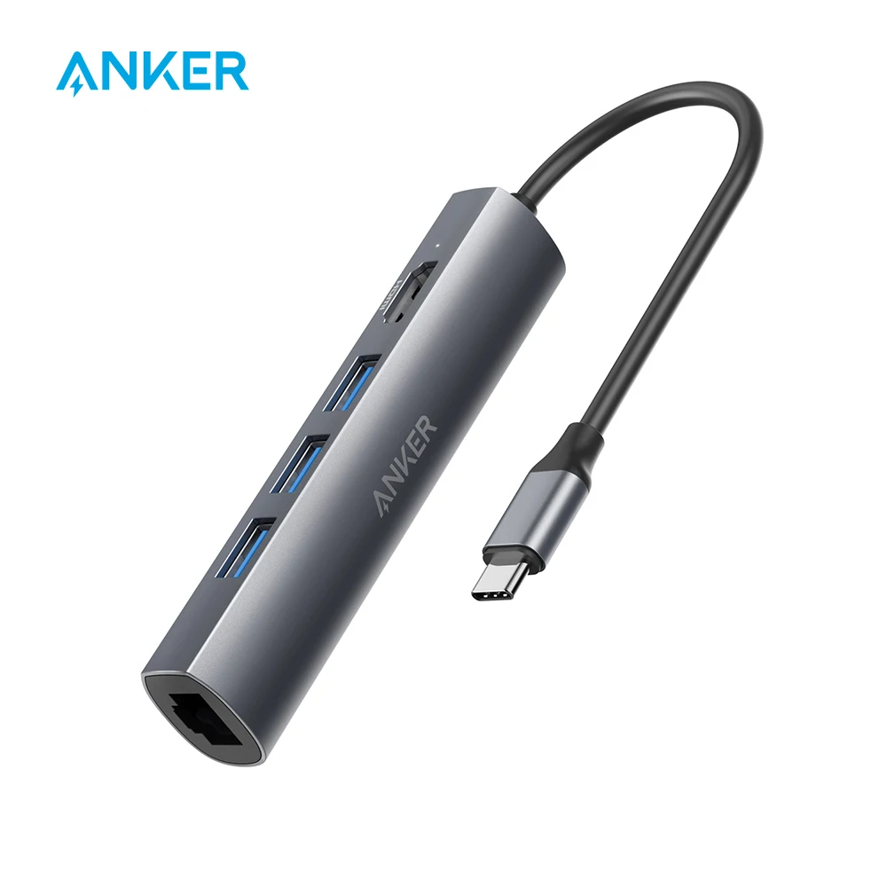 Anker USB C концентратор USB, 5 в 1 взаимный обмен данными между компьютером и периферийными устройствами C адаптер с 4K кабель-Переходник USB C на HDMI, Ethernet, Порты и разъёмы, с 3 портами(стандарт 3,0 Порты, для MacBook, ChromeBook, XPS и многое другое