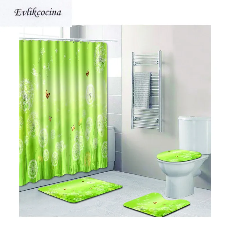 

Free Shipping 4pcs Dandelion Banyo Bathroom Carpet U Type Toilet Green Bath Mats Set Non Slip Tapis Salle De Bain Alfombra Bano