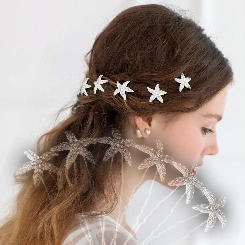 

2Pcs/lot Fashion Cute Elegant Woman U-shaped Silvery Sea Shell Starfish Hair Clip Pin wedding bride girl pin hair comb
