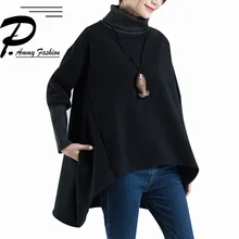 Модные рукав "летучая мышь" хлопок и шерсть пончо сплошной цвет Топы корректирующие женские леди водолазка осенне-зимние свободные хлопковые футболки