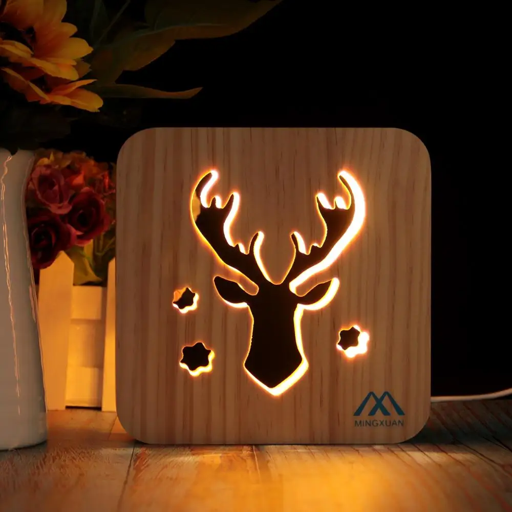 Лось книга свет твердой древесины ночник лампы USB книги Атмосфера Dc теплый белый