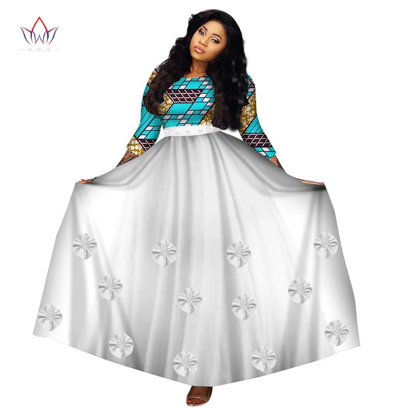 2018 Для женщин платье Двойка комплект Для женщин весь рукав топы и длинные юбка макси в африканском стиле Русалка Макси Костюмы 6XL WY2699