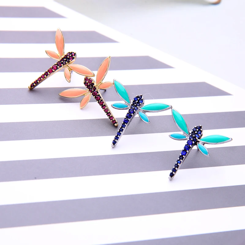 

ed01548c 2018 New Summer Jewelry Enamel Cute Dragonfly Insect Trendy Stud Earrings For Women Holiday Wholesale