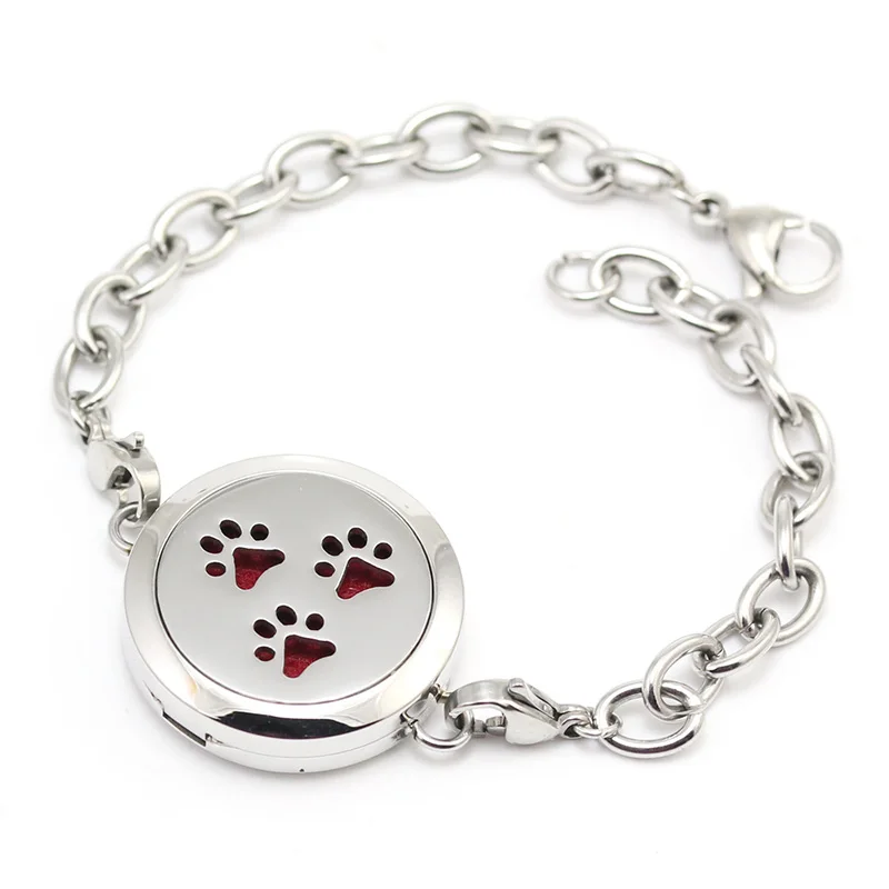 

10pcs/lot 25mm Stainless Steel Women dog paw Essential Oil Aroma Diffuser Perfume Locket Bracelet with Pads