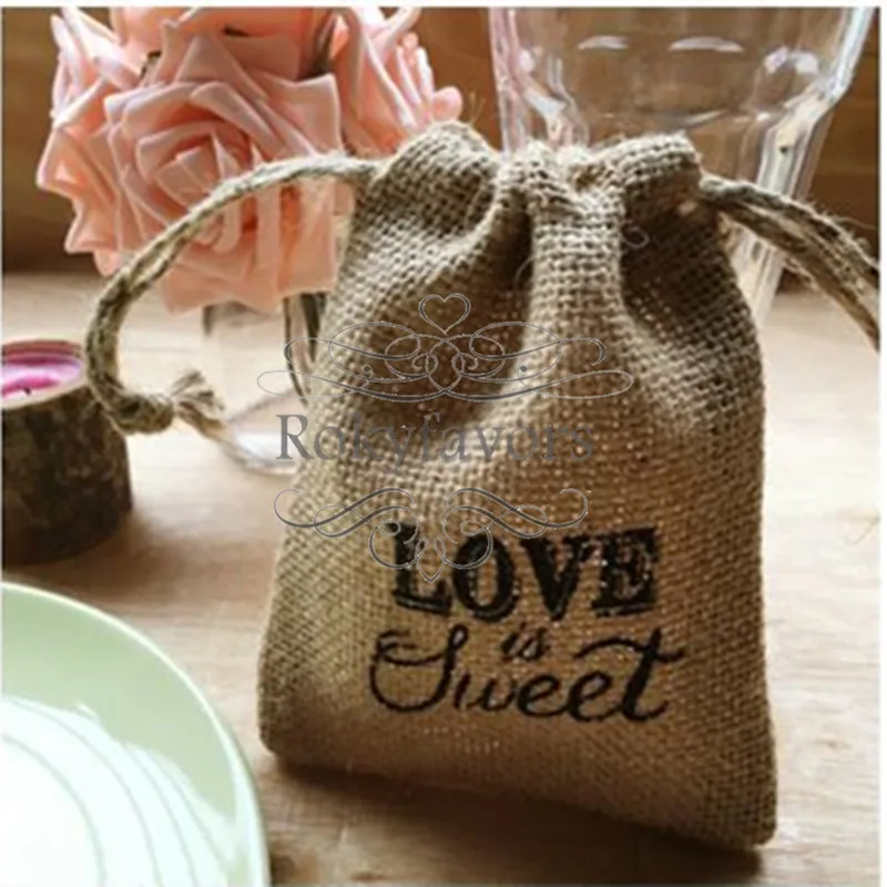FREE SHIPPING 50pcs "Love Is Sweet" Printed Burlap Bags Wedding Return