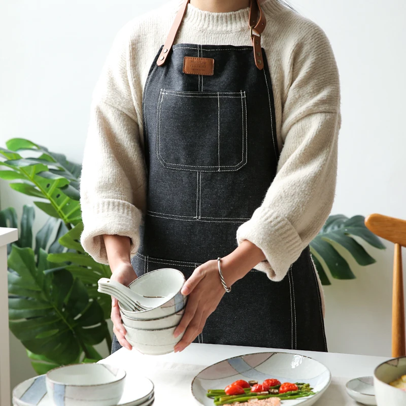 Hot Japanese style Denim Apron for Chef Kitchen Cooking BBQ Kitchen Apron For Woman man Adjustable Pocket Chef Works bib smock