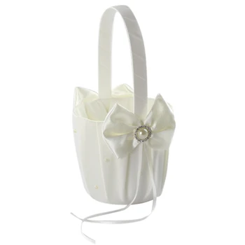 

HOT SALE 1 beige satin bow pearl flower basket satin flower basket