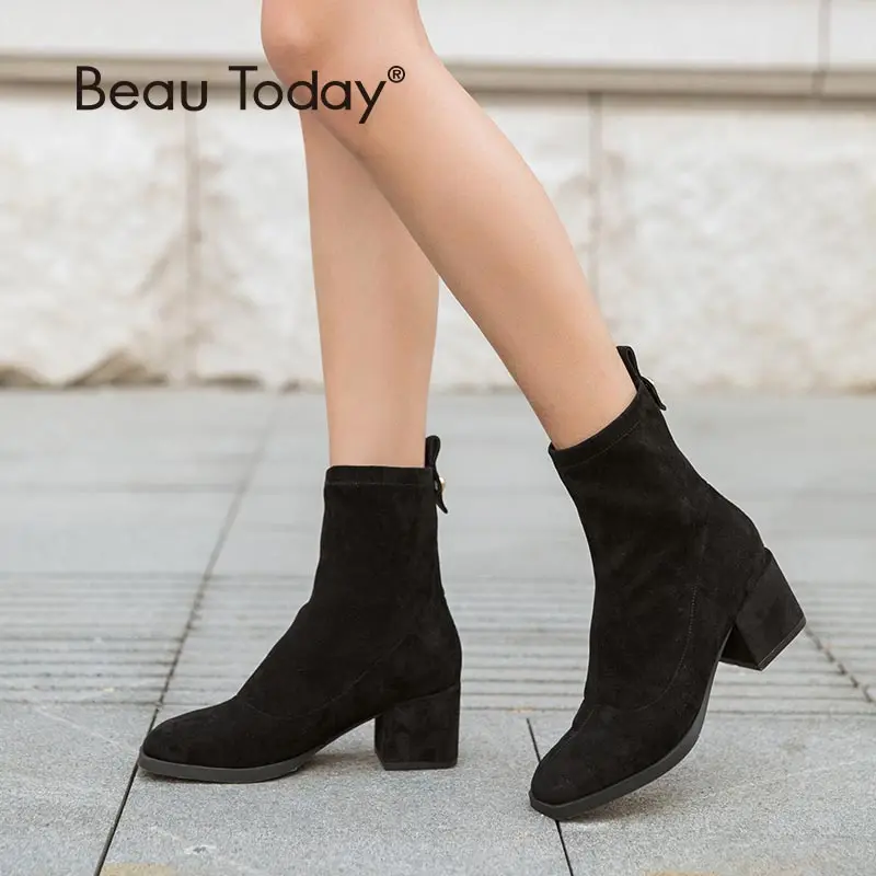 Mano pink Del 03356 Hecho Dedo A Cuadrado Nuevo tan Marca Tacón Zapatos Invierno Alto E Tejido De La Tobillo Botas Beautoday Calcetines Elástico Pie Otoño Señora Black wgWpqqFB0