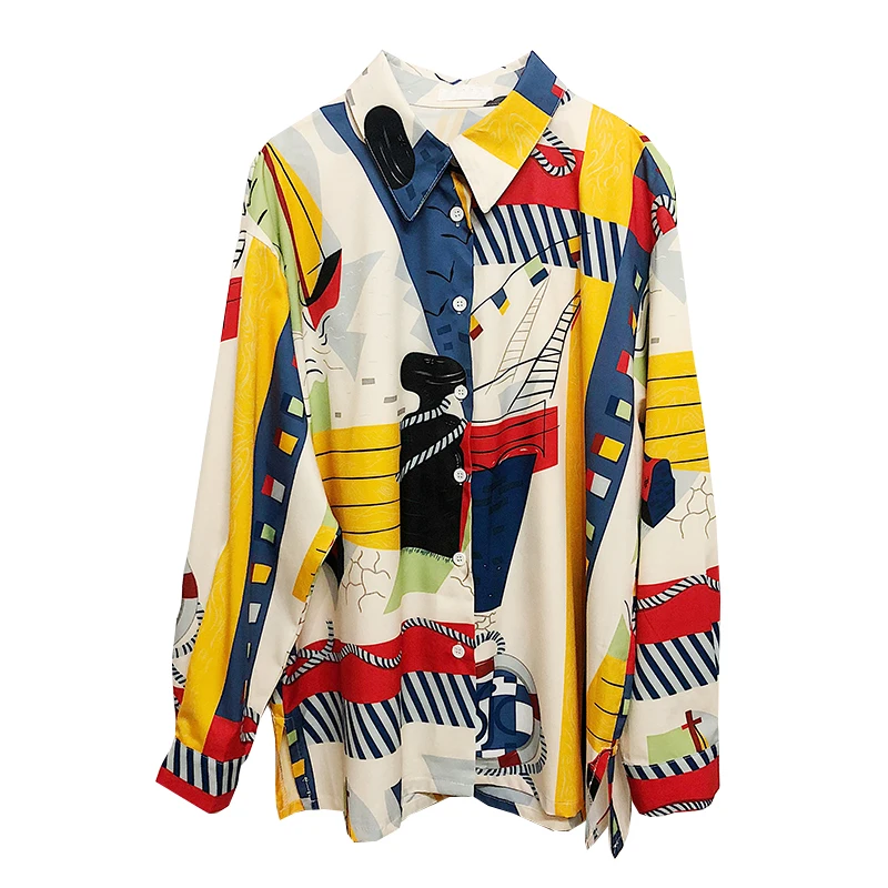 

PERHAPS U women geometric colorful print shirt hawaii turn down collar summer beach long sleeve oversize B0358