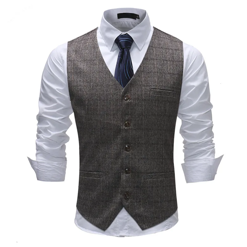 YFFUSHI 2018 Single Breasted Men Vest Spring Brown Plaid Vest 5 Buttons