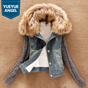

Korean Style Knitted Sleeved Jackets Removable Fur Collar Thick Warm Fur Lining Denim Coats Free Shipping Plus Size Slim Fit