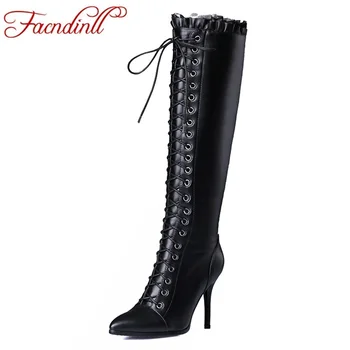 

FACNDINLL shoes new fashion women knee high boots black zipper high quality thick high heels pointed toe woman dress party shoes
