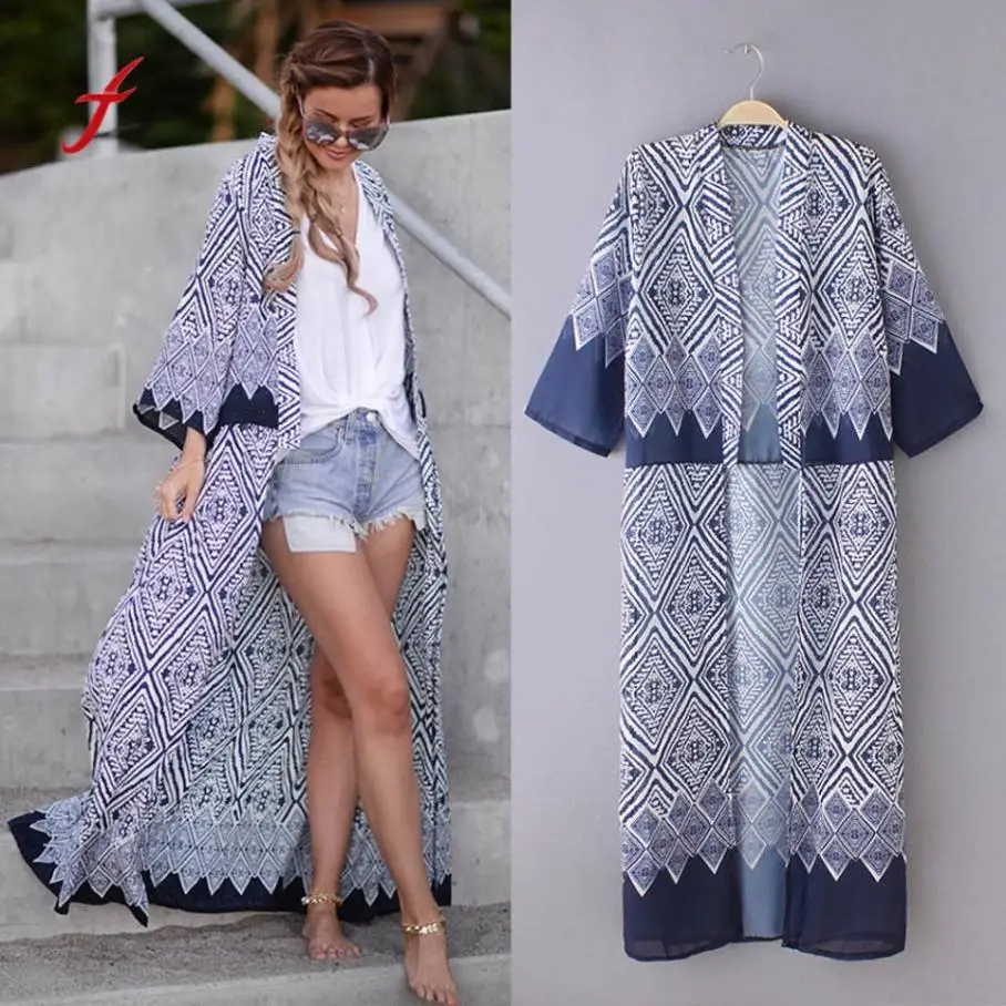 

Feitong 2018 Kimono Cardigan Women Boho Three Quarter Printed Chiffon Loose Shawl Tops Cover up Blusas feminina