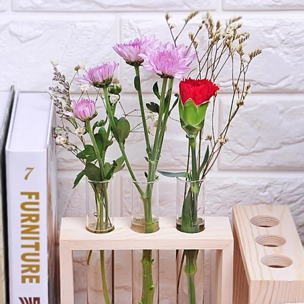 Beautiful Test Tube Glass Flowers Plant Vase Wooden Stand Holder Terrarium Container For Gift Or Home Decorate