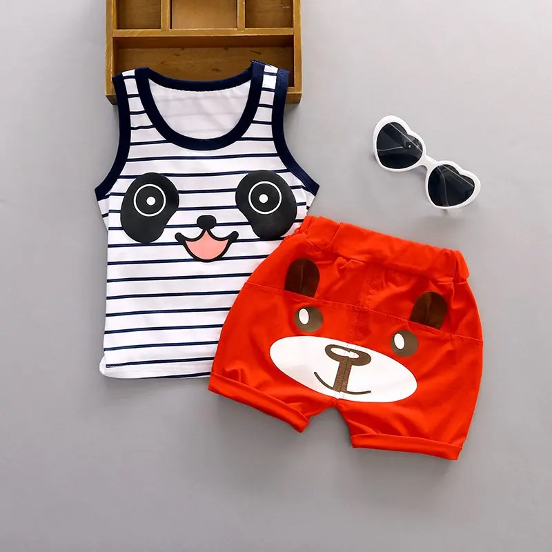 

New 2 Pcs Summer Kids Girls Boys Clothing Sets Cotton Panda Striped T-shirt+Print Cartoon Shorts Outfits S01