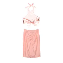 Для женщин с открытыми плечами Bodycon Холтер пайетки укороченный топ и мини-платье Вечерние юбка Для женщин костюм комплект из двух предметов