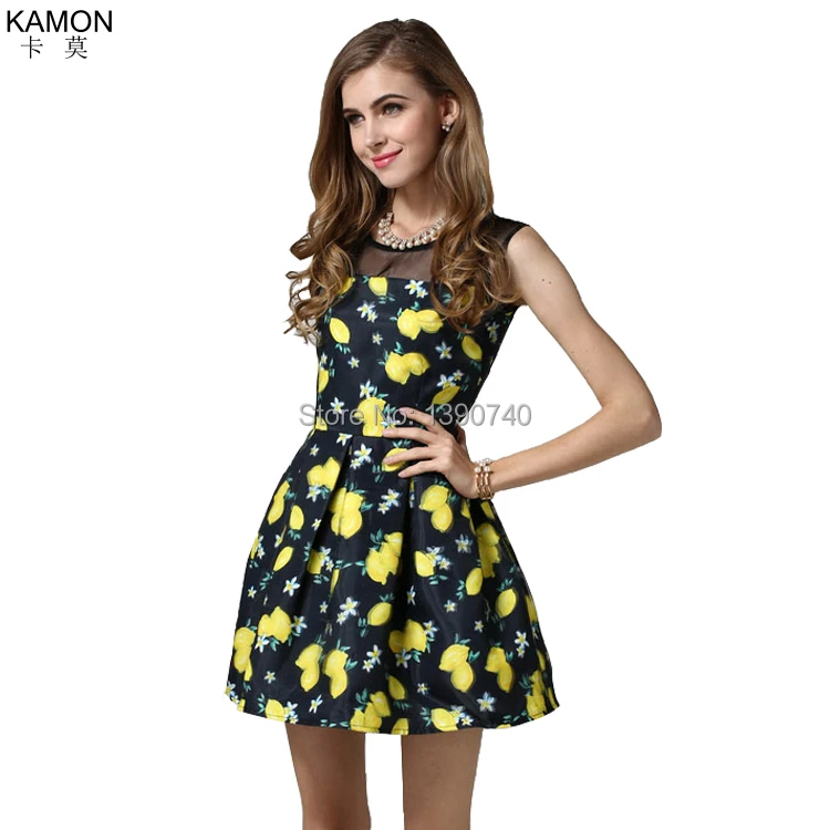 KAMON Brand Sleeveless Women Yellow Dress Floral Cute Korean Dresses A