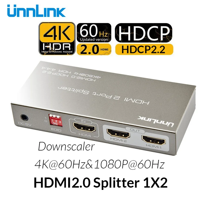 Unnlink مقسم الوصلات البينية متعددة الوسائط وعالية الوضوح (HDMI) 1X2 EDID HD mi 2.0 UHD4K @ 60 H 18 جيجابايت 444 HDCP 2.2 HDR 1 في 2 خارج ل led tv mi مربع التبديل ps4 xbox العارض